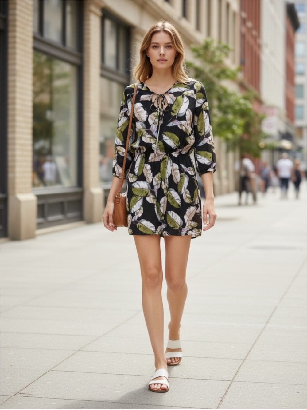 Black Leaf-Print Mini Dress with Tie Neck